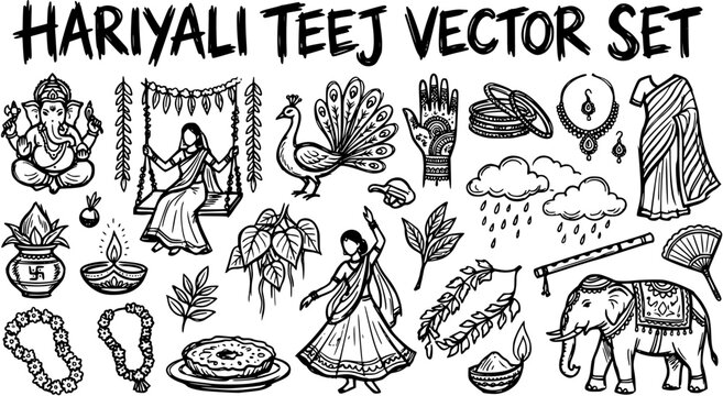 Hariyali Teej Indian Festival Hand-Drawn Line Art Vector Set: Traditional Celebrations, Rituals  Monsoon Elements