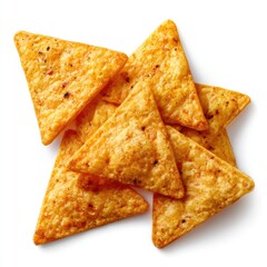 Fototapeta premium Crunchy, seasoned, triangular tortilla chips stacked on a white background, showcasing a golden, crispy texture with visible spices.