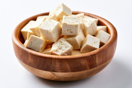 Cubes of fresh tofu are served in a wooden bowl on a white background.