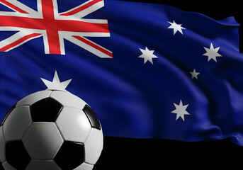 Fototapeta premium Australian flag waving with soccer ball in front national sports symbol