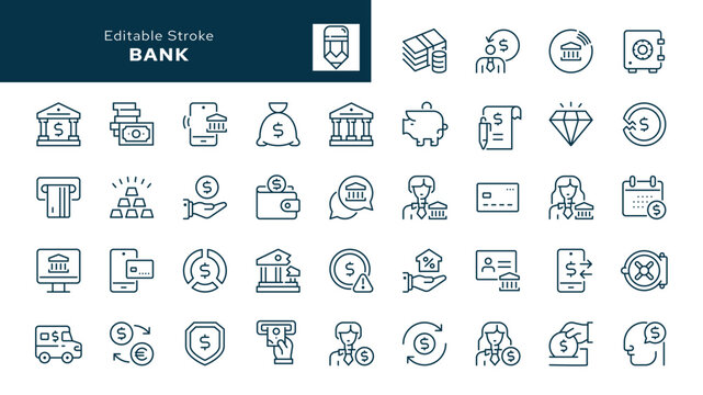 Bank outline icons set. Money, finance, currency; banknote, coin, banker and more. Line icon in linear style. Vector collection	