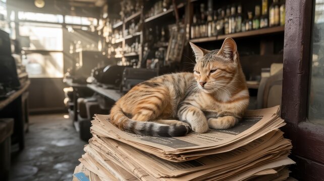 Sleek tabby cat resting on a pile of papers in cozy vintage-style library with warm sunlight streaming through windows