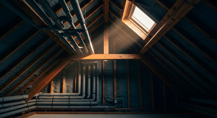 Obraz premium Modern Attic with Insulated Pipes and Spray Foam | Energy Efficient Home Renovation and Construction | Professional HVAC System Installation in Loft Space | Residential Building Maintenance Interior