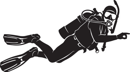 Scuba Diver Pointing Finger Underwater Silhouette Isolated on White Background © Tahmid