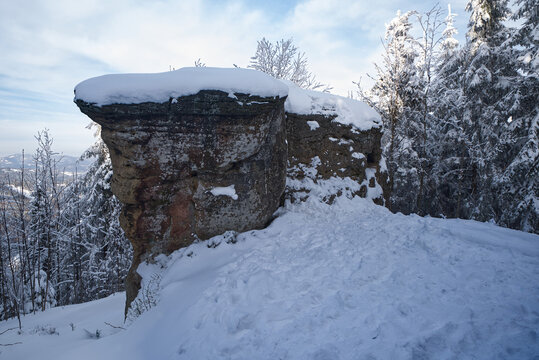 Rokc formation on Kyrkawica in Silesian Beskids mountains on polish-czech borders during winter