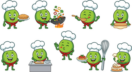 Obraz premium Cute Avocado Chef Character Collection with Cooking, Baking, Frying, Serving Food, and Restaurant Cartoon Vector Illustration Set