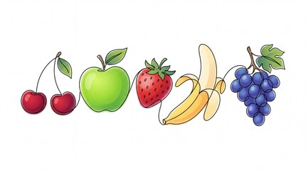 Obraz premium Continuous line drawing featuring a variety of fresh colorful fruits displayed on white background