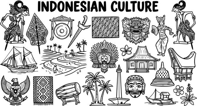 Indonesian Culture Black and White Line Art Icons Set with Traditional Landmarks, Arts, Objects, and Symbols of Indonesia