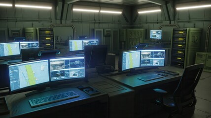 Fototapeta premium High-Tech Cybersecurity Control Room with Multiple Computer Screens and Server Racks in a Secure Facility