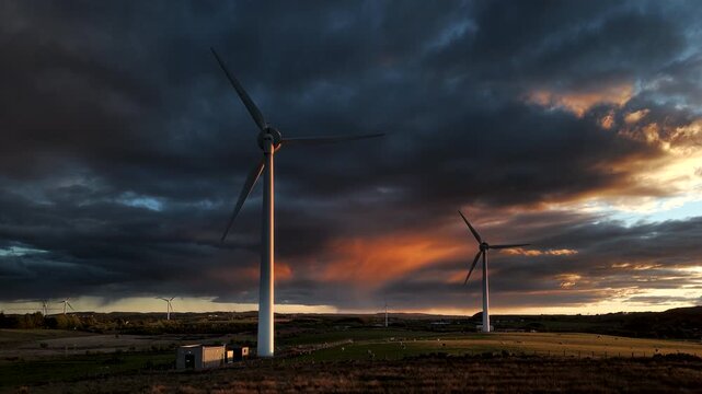 Wide drone footage of wind turbines on rural land under dark clouds and orange sunset light in the Scottish countryside.