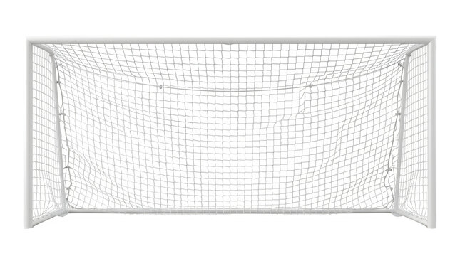 A white soccer goal with net on isolated transparent background for sports and football related concepts