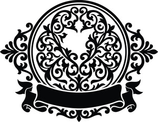 Black and white vector drawing of an intricate floral heraldic crest badge with a ornamental blank ribbon banner. © Vector Creative Art