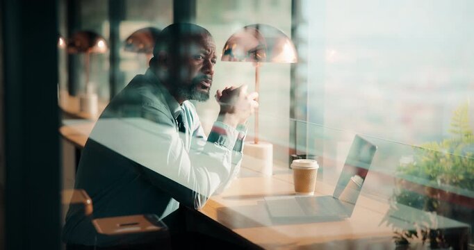 Laptop, man and remote work in cafe with stress, worried or business decision. Entrepreneur, thinking and person in coffee shop with computer for startup risk, loan and confused in window glass