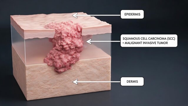 3D Medical Cross‑Section Illustration of Squamous Cell Carcinoma (SCC), Labeled Skin Layer Diagram Showing Epidermis, Dermis and Malignant Invasive Tumor, Dermatology Oncology Educational Visualizatio