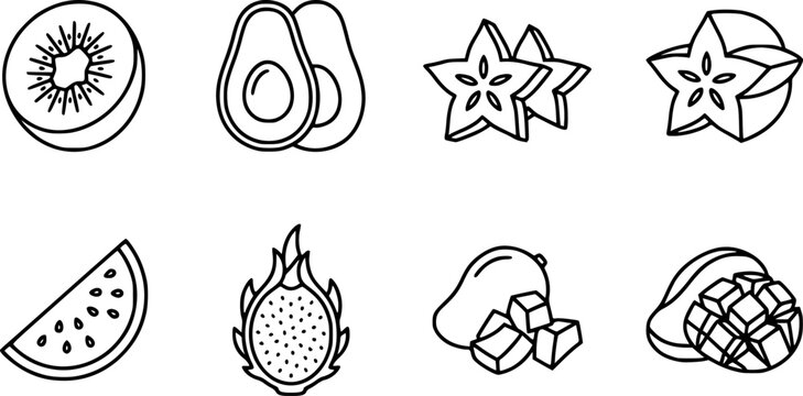 Set Ikon Buah Tropis Outline Hitam Putih &ndash; Kiwi, Alpukat, Belimbing, Semangka, Buah Naga, dan Mangga
