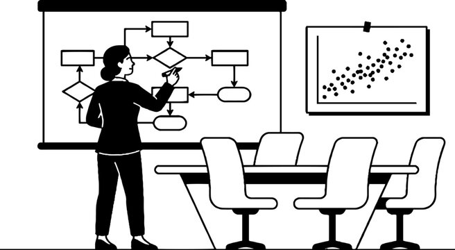 Professional designing complex flowchart on office whiteboard
