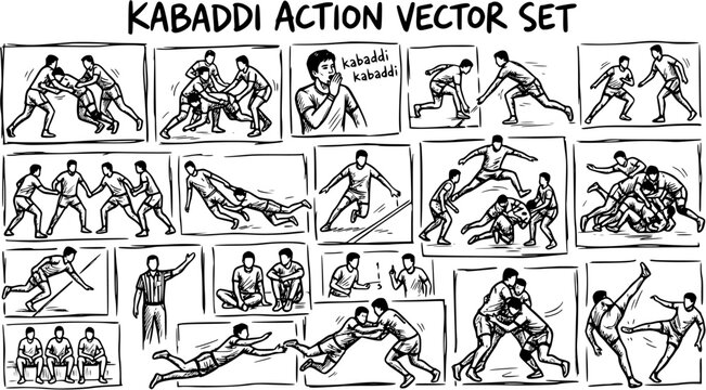 Kabaddi Action Vector Set - Black and White Line Art Illustrations of Sports Game Players