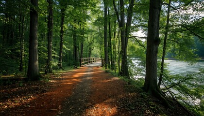 Fototapeta premium Forest pathway summer travel destinations with lake and bridge view
