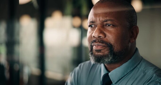 Thinking, space and black man by glass for business strategy, financial decision and investment. Office, corporate and mature person with idea for finance proposal, problem solving or budget solution