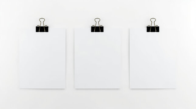 identical white sheets of paper aligned horizontally against a plain white background. Each sheet is held at the top by a black binder clip, creating a uniform and organized appearance. The papers are