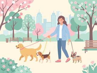 Fototapeta premium Spring City Park Walk with Woman and Cute Dogs Flat Vector Illustration