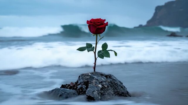 A vibrant red rose on a small rock amid foamy waves and a rocky coastline