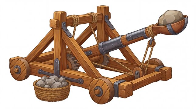Detailed wooden catapult with stone ammunition ready for battle displayed on white background