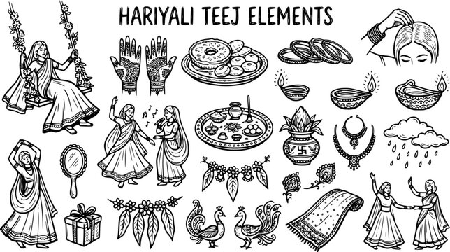 Hariyali Teej Indian Festival Elements Black  White Line Art. Traditional Hindu culture and women's celebration symbols doodle vector illustration.