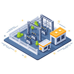 Obraz premium Isometric illustration of electrical substation with fencing and control building