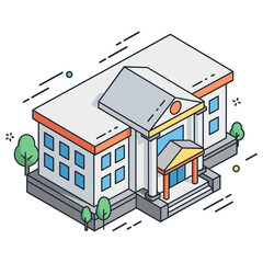 Fototapeta premium Isometric illustration of modern university building with trees and columns