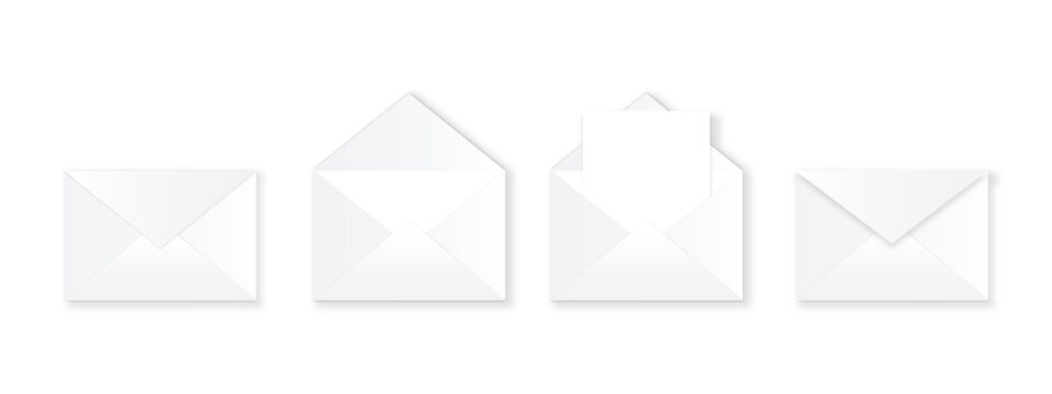 Set of realistic white envelope mockups in closed, open and card insert variations. Minimal stationery templates for invitations, branding and mail presentation