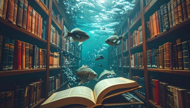 Underwater Library With Fish and Open Book
