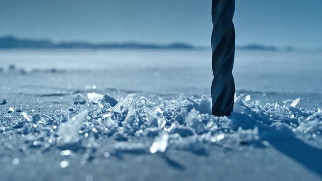 Drill bit bores through ice, shards scatter, distant mountains, blue, winter scene