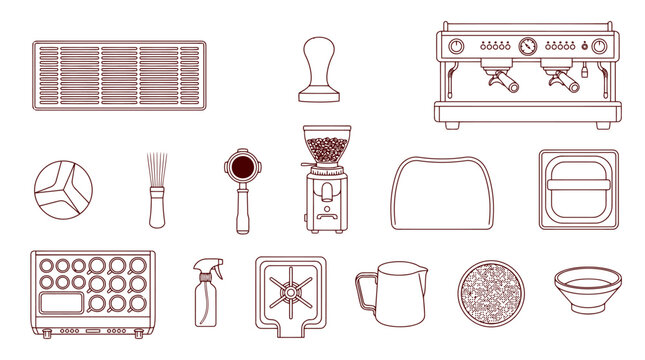 Coffee Machine Equipment Outline: A collection of essential coffee-making tools and equipment, rendered in a clean, modern outline style, perfect for graphic design and culinary themes.