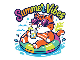 Fototapeta premium Fun summer cat, colorful floatie, sunglasses, tropical drink, vacation vibe, illustration