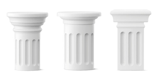 Fototapeta premium White marble greek pillars, 3d realistic vector set isolated on background. Ancient roman column design for classical architecture mockup, podium with stone texture for premium product display