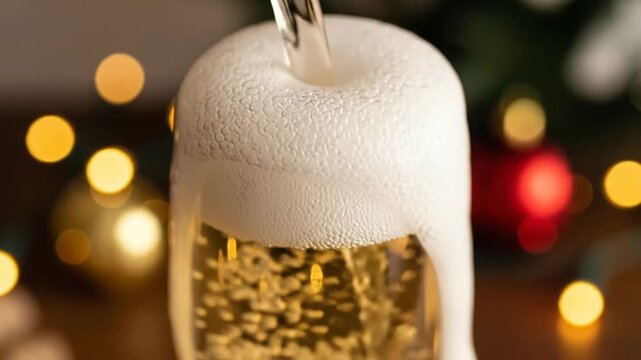 Beer poured into glass with foam.
