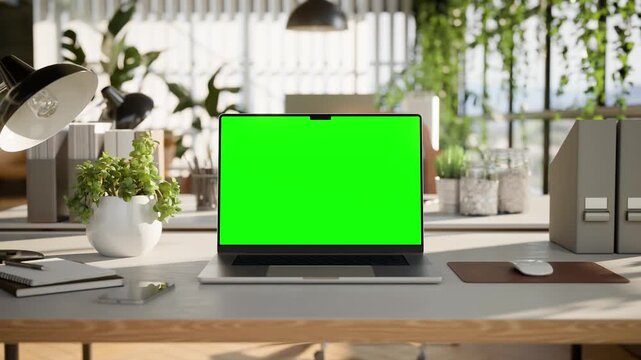 Laptop Green Screen Mockup on Desk in Bright Modern Home Office - Front View