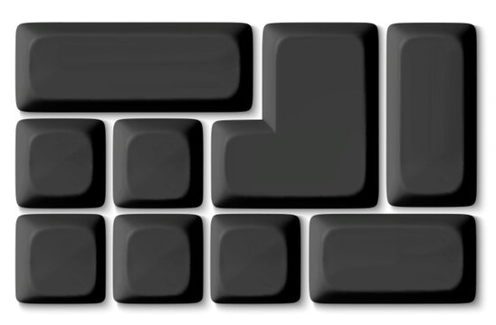 Modern 3D keyboard buttons set isolated on background. Vector realistic illustration of black keycaps top view, personal computer control keys, pc hardware, desktop design elements, office equipment