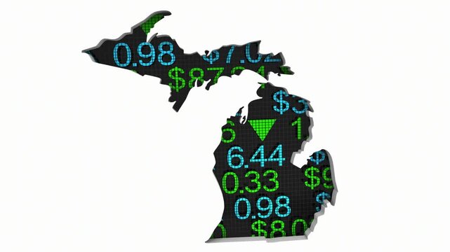 Michigan MI State Map Stock Market Ticker Economic Growth Investment Financial Outlook 3d Animation