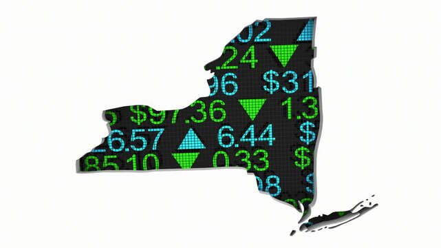 New York NY State Map Stock Market Ticker Economic Growth Investment Financial Outlook 3d Animation