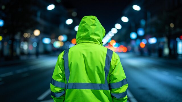 Person in high visibility jacket on street
