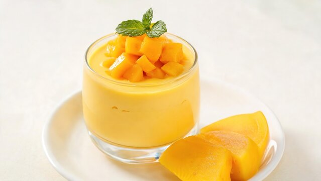 Creamy Mango Mousse Pudding in Glass Cup, Topped with Fresh Mango Dices and Mint Leaf, Served on White Plate, Refreshing Summer Fruit Dessert