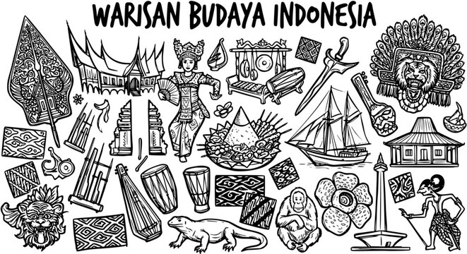 Indonesian Cultural Heritage Doodle Art Set: Traditional Symbols, Landmarks, Animals, and Crafts in Black and White Line Art Illustration