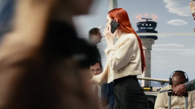 Doing telephone call, airport checkin and woman in lounge going to boarding gate. Walking, crowd and passenger in modern aviation terminal speaking on phone, doing journey back home, camera A