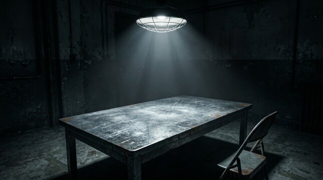 Dark Interrogation Room With Metal Table And Spotlight