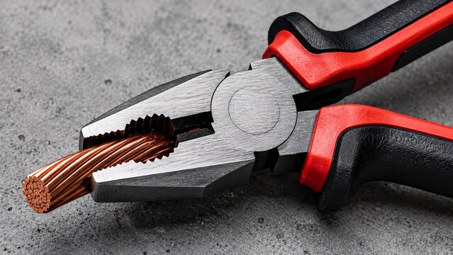 Macro close up of heavy duty pliers gripping thick copper electrical wire strands