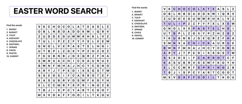 Easter word search puzzle with highlighted words and clues  