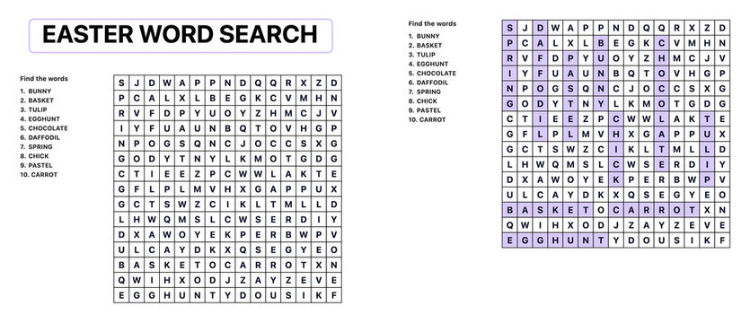 Easter word search puzzle with highlighted answers and words  