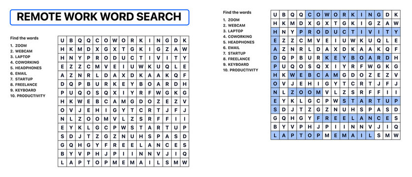 Remote work word search puzzle with highlighted words and clues  